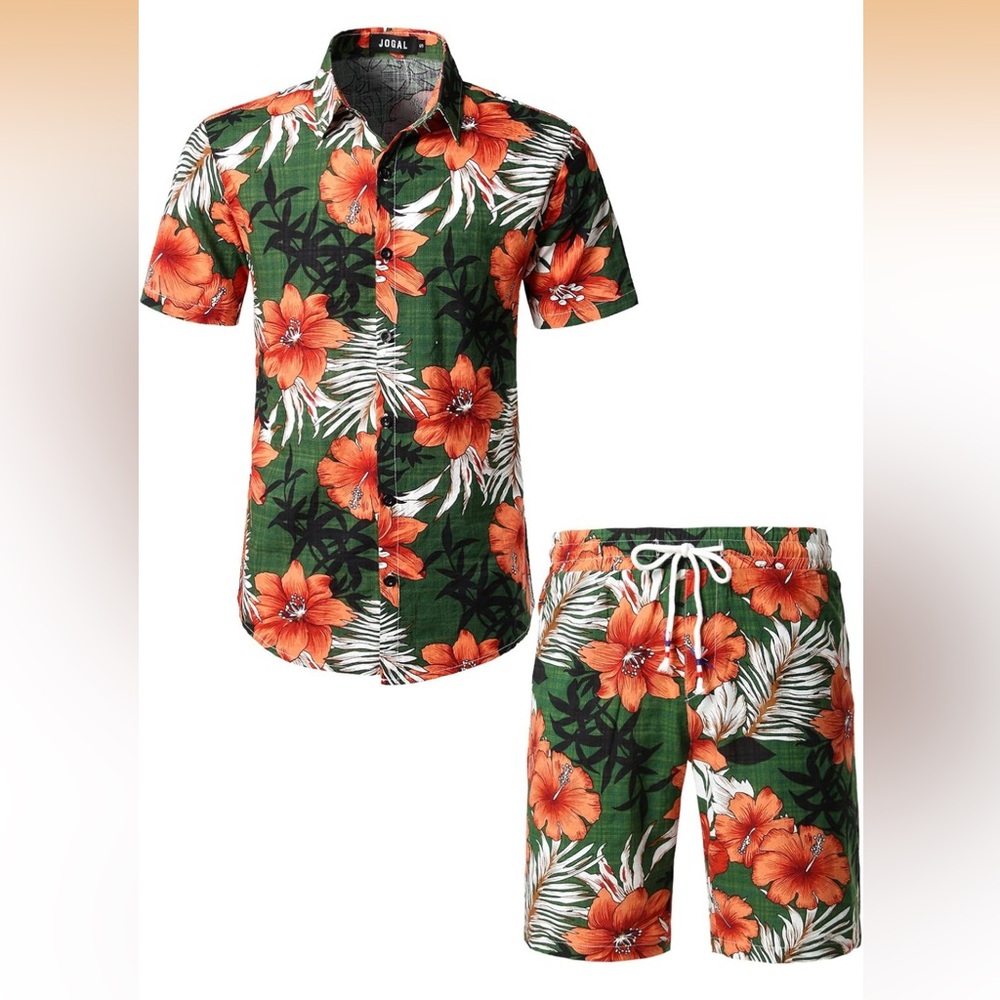 Floral Men's 2 Piece Set Shirt and Board Shorts - Green and Orange Flora Medium